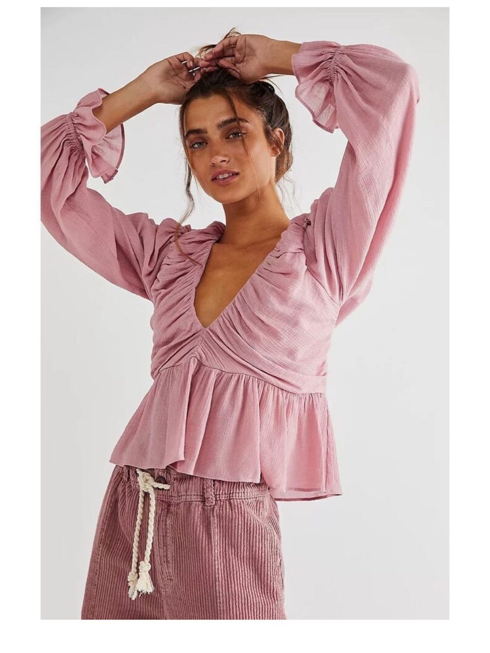 Free People Pink V-Neck Peplum Blouse